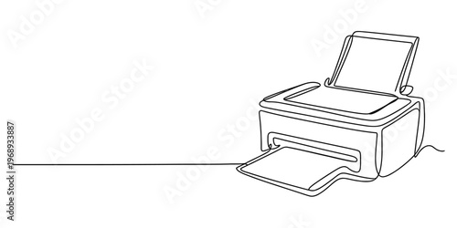 A single continuous line drawing of a home printer isolated on a plain white background surface. Vector, illustration