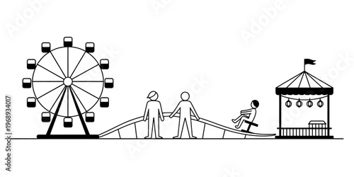A simple black and white outline illustration depicting a lively amusement park scene with rides. Vector, illustration
