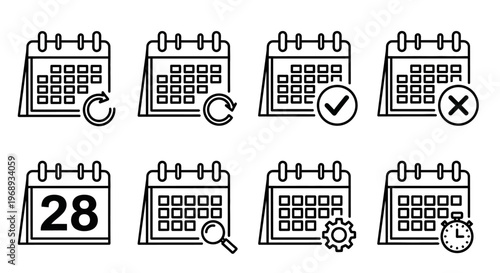 Vector calendar icons for scheduling, events, and task management. This comprehensive set includes symbols for refresh, complete, cancel, date, search, settings, and time tracking, essential 