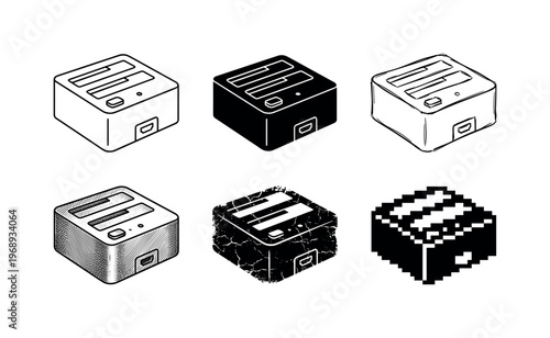 docking station rear ports, arranged as a clean  Variant 1: clean thin outline, no fill, rounded joins,