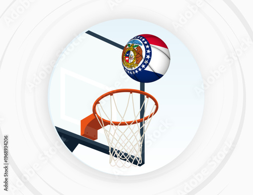 Missouri Flag Themed Basketball in Motion, Scoring Moment in Basketball Game.