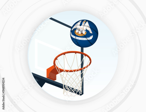 Louisiana Flag Themed Basketball in Motion, Scoring Moment in Basketball Game.