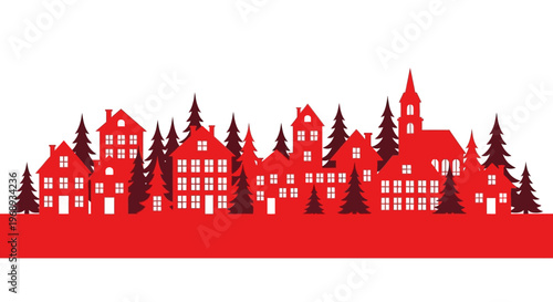 A charming red silhouette depicting a festive winter village with traditional houses and evergreen trees, creating a warm, cozy atmosphere for holiday seasons