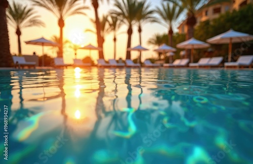 Close up pool water surface at sunset. Palm trees and lounge chairs line resort edge. Golden sun reflects on calm blue water. Luxury vacation background.