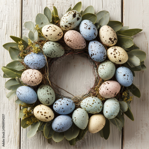 Easter egg wreath with eucalyptus and ribbon top view