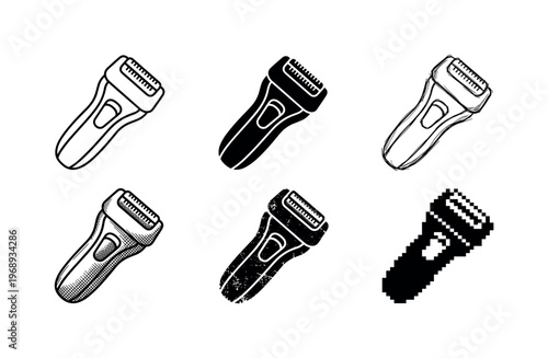 foil electric razor, arranged as a clean  Variant 1: clean thin outline, no fill, rounded joins, even