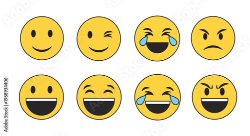 A vibrant collection of yellow emoji faces capturing a spectrum of human emotions from cheerful smiles and winks to joyful laughter and frustrated anger, ideal for digital messaging 