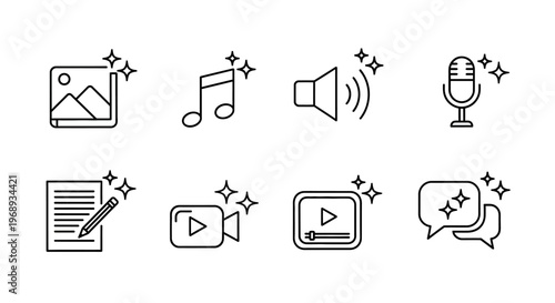 Enhanced content and sparkling media icons a vibrant set for digital communication and creative project design, perfect for engaging online audiences