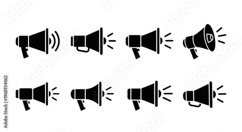 Collection of various megaphone icons representing announcements, alerts, and broadcasting