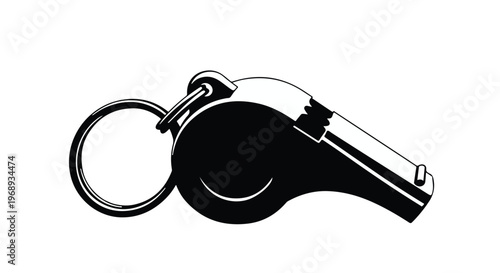 Black whistle keychain illustration with metal ring on white background, referee sports symbol, isolated vector graphic