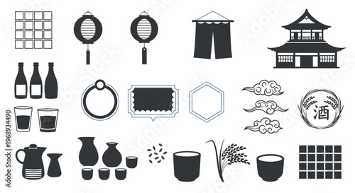 Collection of Japanese cultural icons including sake bottles, lanterns, traditional buildings, and rice plants for travel and lifestyle designs