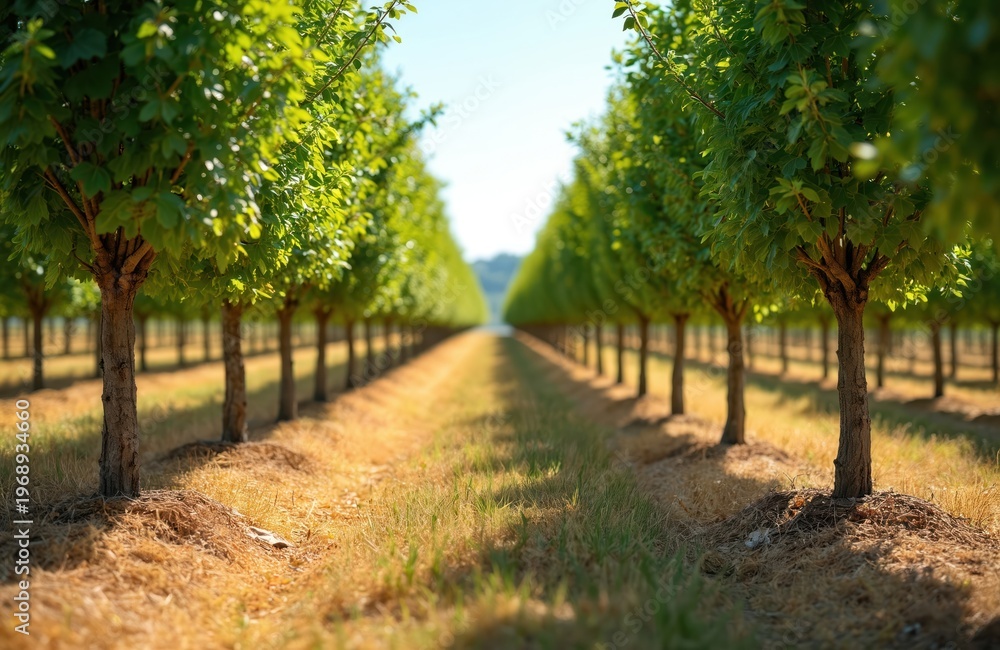Fototapeta premium Young hazel trees grow in neat rows within sunny orchard. Green foliage creates natural tunnel effect down grassy path. This agricultural landscape shows potential for hazelnut harvesting soon.