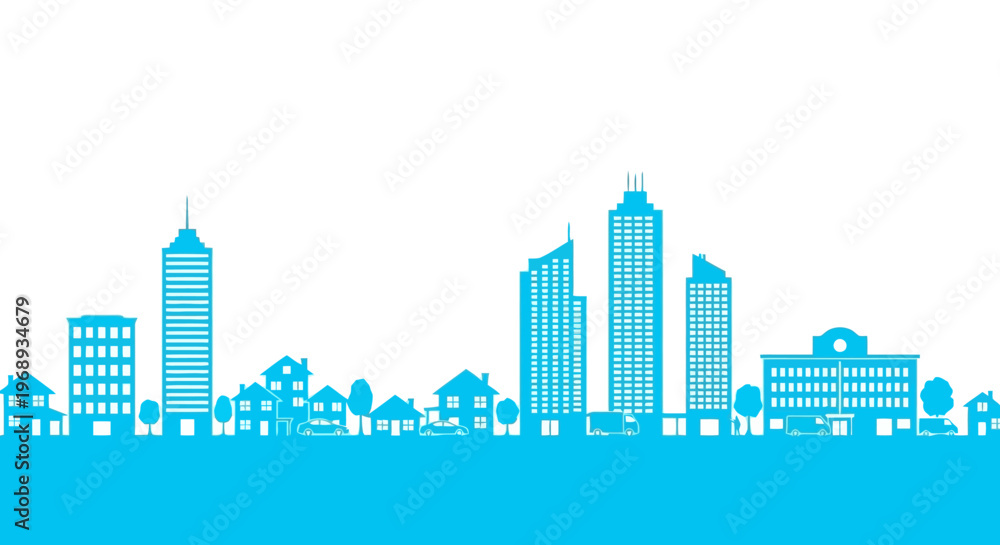 Fototapeta premium City skyline silhouette with various buildings including high-rises and houses under a clear blue sky