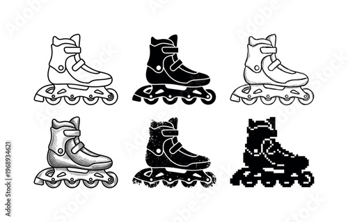 inline roller skate, arranged as a clean  Variant 1: clean thin outline, no fill, rounded joins, even