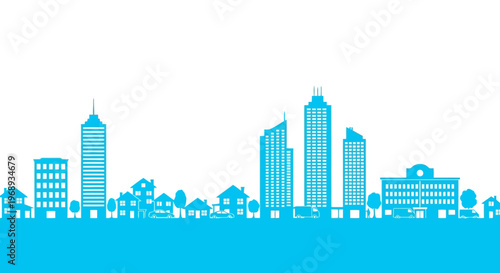 City skyline silhouette with various buildings including high-rises and houses under a clear blue sky