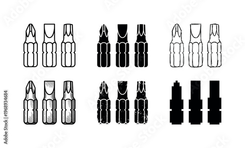 screwdriver bits, arranged as a clean  Variant 1: clean thin outline, no fill, rounded joins, even stroke.