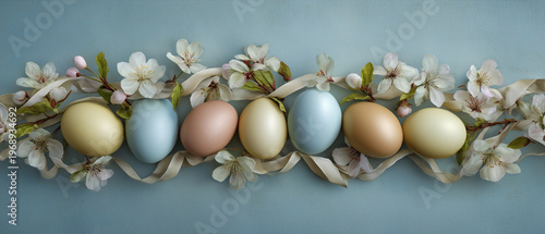 Panoramic Easter banner with eggs blossoms and ribbon