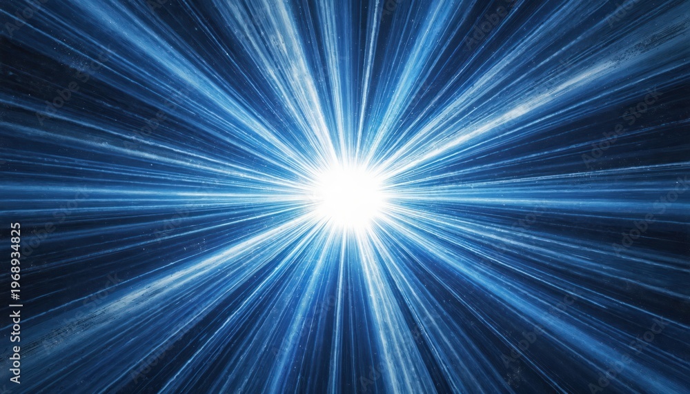 Fototapeta premium Abstract blue and white light rays burst from center. Bright energy lines extend outwards creating dynamic radiant pattern. Deep color gradient emanates from glowing core.