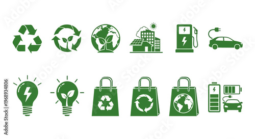 Comprehensive collection of vector icons symbolizing eco-friendly initiatives, sustainable living, green energy solutions, and environmental protection, featuring recycling and electric vehicles
