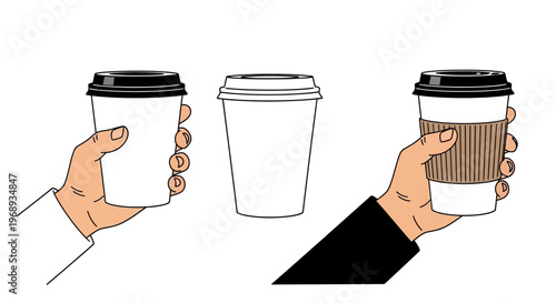 Vector illustration set featuring various disposable coffee cups held by hands, ideal for beverage branding mockups, cafe menu designs, and eco-friendly packaging concepts
