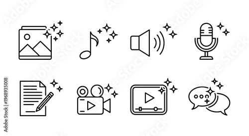 Collection of digital media and content creation icons including images, music, audio, video, writing, and communication