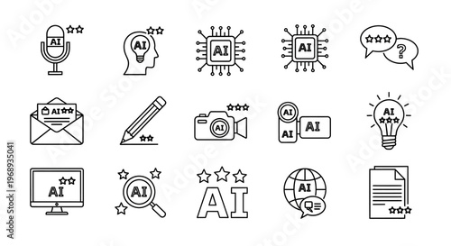 Modern Outline Icons Set for Artificial Intelligence, Featuring AI Ideas, Data Analysis, Machine Learning, Global Communication, and User Feedback Ratings