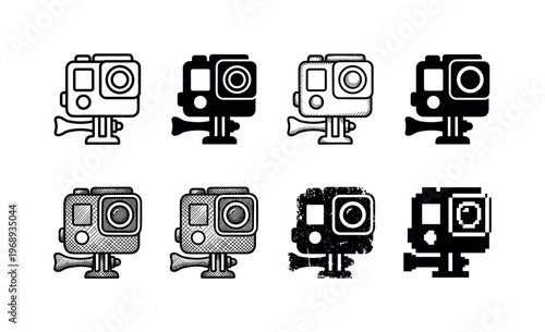 miniature sports camera, arranged as a clean  Variant 1: clean thin outline, no fill, rounded joins, even