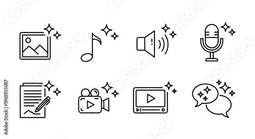 High-Quality Line Icon Set for Digital Media Production and Creative Content Development, Featuring Symbols for Image, Audio, Video, Text, and Communication Tools