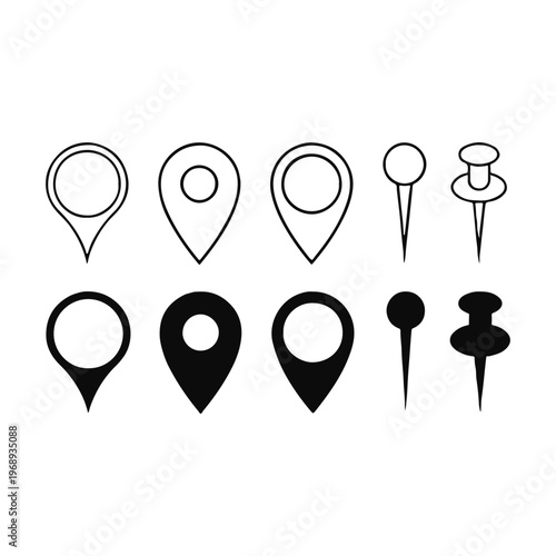 Set of Map Pin Location Pointer Icons Outline and Solid Black Vector
