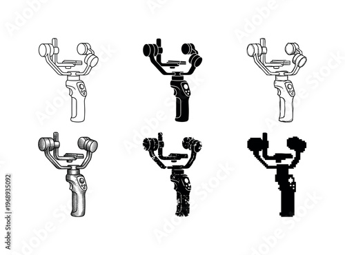 motorized camera stabilizer, arranged as a clean  Variant 1: clean thin outline, no fill, rounded joins,