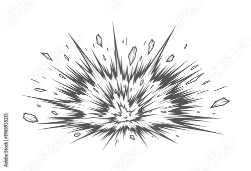 Hand drawn comic style explosion with debris flying outwards burst blast