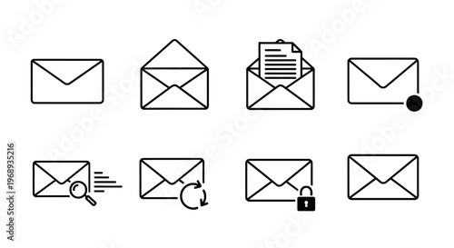 Collection of eight black and white line art icons representing different email actions and notifications