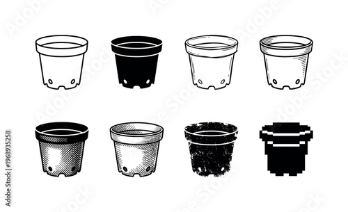 small plastic seedling pot, arranged as a clean  Variant 1: clean thin outline, no fill, rounded joins,