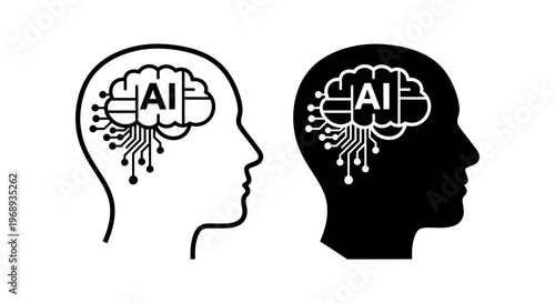 Artificial Intelligence Concept Illustration of Human Head Profile with AI Brain Circuitry
