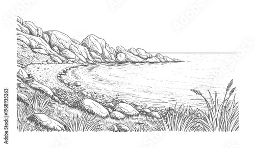 Rocky shoreline with calm ocean and tall grass in foreground water