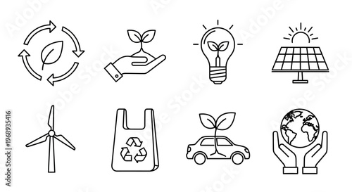 Billede på lærred Essential outline icons representing environmental responsibility, renewable ene