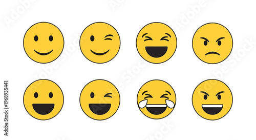 A diverse collection of yellow cartoon emoji faces, each expressing a distinct emotion, from joyful laughter and playful winks to frustrated anger, perfect for conveying digital sentiments