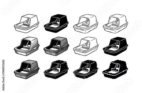 self-cleaning cat litter tray, arranged as a clean  Variant 1: clean thin outline, no fill, rounded joins,