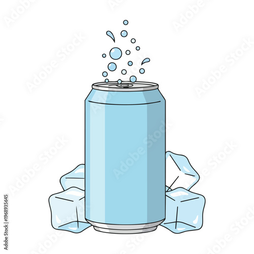 refreshing soda can with fizz and ice cubes vector illustration
