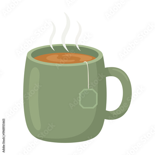 steaming hot tea in green mug with teabag vector illustration