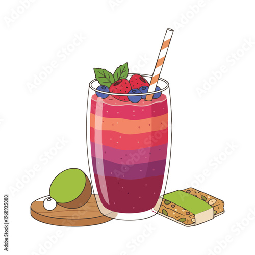 refreshing layered berry smoothie with kiwi and crackers vector illustration