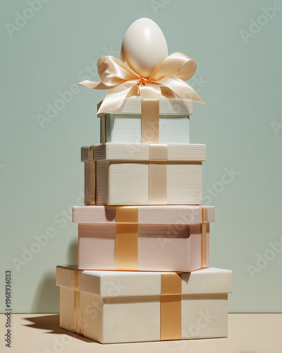 Easter gift boxes with egg and bow minimal vertical still life