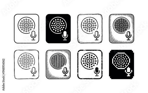 speaker and microphone section, arranged as a clean  Variant 1: clean thin outline, no fill, rounded joins