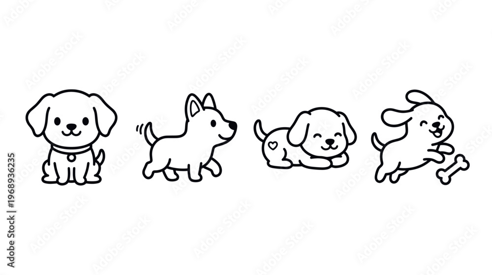 Fototapeta premium Cute dog outline icon set in kawaii cartoon line art style