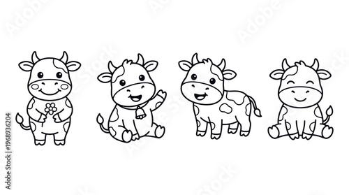 Cute cow outline icon set in kawaii cartoon line art style