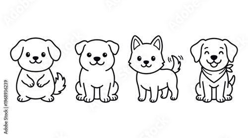 Cute dog outline icon set in kawaii cartoon line art style