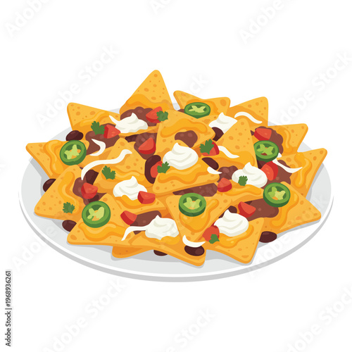plate of nachos with cheese, beans, and jalapeños flat design vector illustration