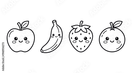 Cute fruit outline icon set in kawaii cartoon line art style