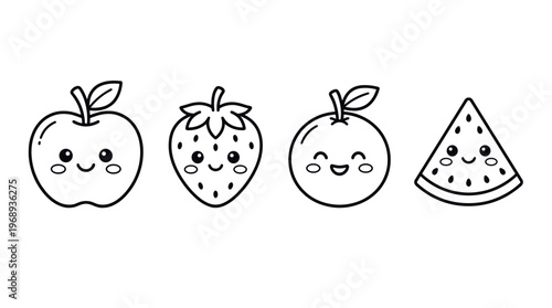 Cute fruit outline icon set in kawaii cartoon line art style