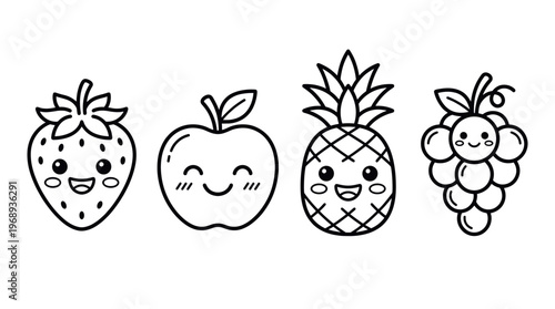 Cute fruit outline icon set in kawaii cartoon line art style